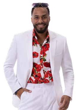 A person wearing the EJ Samuel White Suit M2792 and a vibrant red floral shirt smiles, with sunglasses resting on their head.