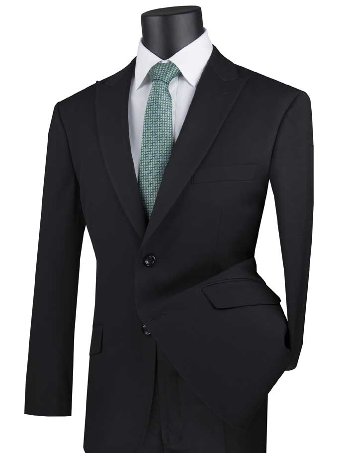 The mannequin is elegantly dressed in the Vinci Suits' black Vinci Modern Fit Suit with a peak lapel, expertly paired with a light blue shirt and green tie.