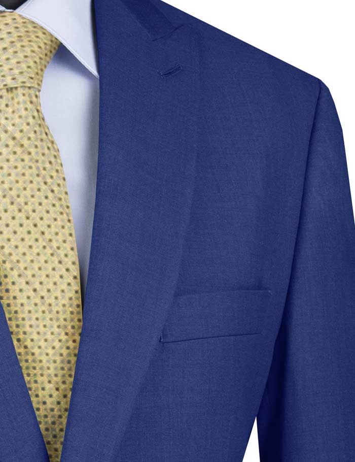 The Vinci Modern Fit Suit with a peak lapel in blue from Vinci Suits is elegantly draped over the mannequin, complemented by a light blue shirt and a striking yellow tie.