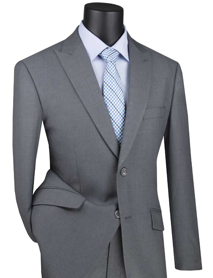 The mannequin displays the Vinci Modern Fit Suit with Peak Lapel in medium gray from Vinci Suits, paired with a light blue shirt and a blue checkered tie.