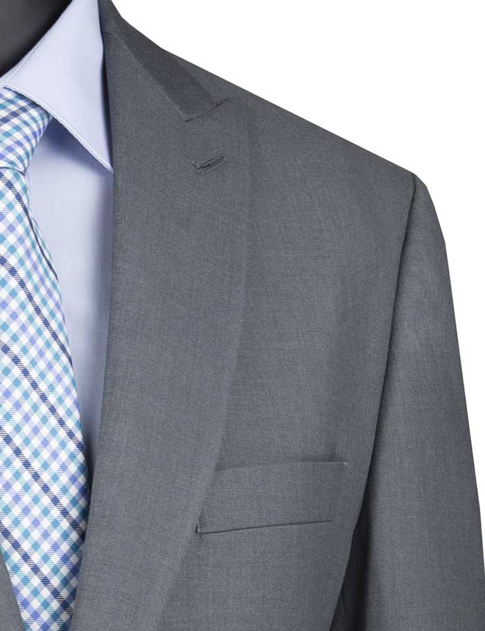 The mannequin displays the Vinci Modern Fit Suit with Peak Lapel in medium gray from Vinci Suits, paired with a light blue shirt and a blue checkered tie.