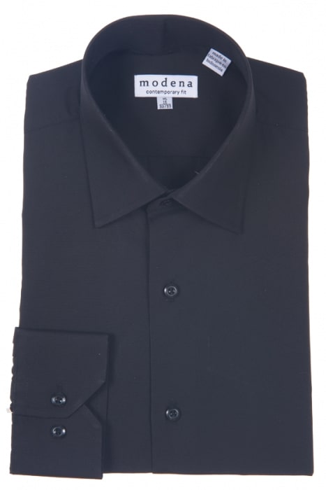 The Modena Contemporary Fit Regular Cuff M300BS0R Black dress shirt, made by Modena, is a folded black cotton blend featuring a labeled collar with buttons on the front and cuffs. This wrinkle-resistant piece ensures you always look polished.