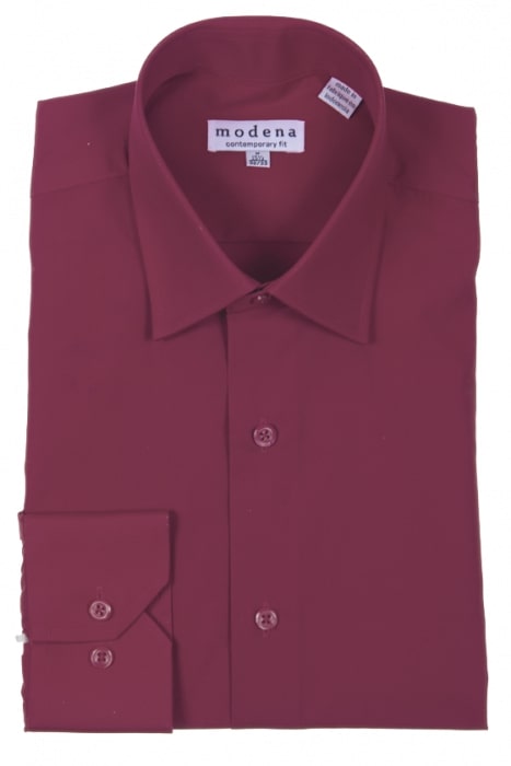 The Modena Contemporary Fit Regular Cuff M300BS0R Burgundy dress shirt, with its "modena contemporary fit" label on the collar, provides comfort and a wrinkle-resistant finish for the modern wardrobe.