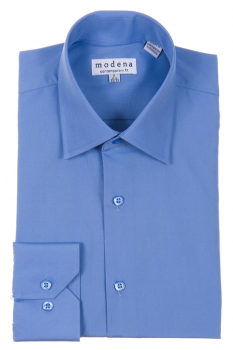 Neatly folded, the Modena Contemporary Fit Regular Cuff M300BS0R shirt in Cadet Blue showcases a label from Modena. It is made from a wrinkle-resistant cotton blend for effortless maintenance and a sharp appearance.