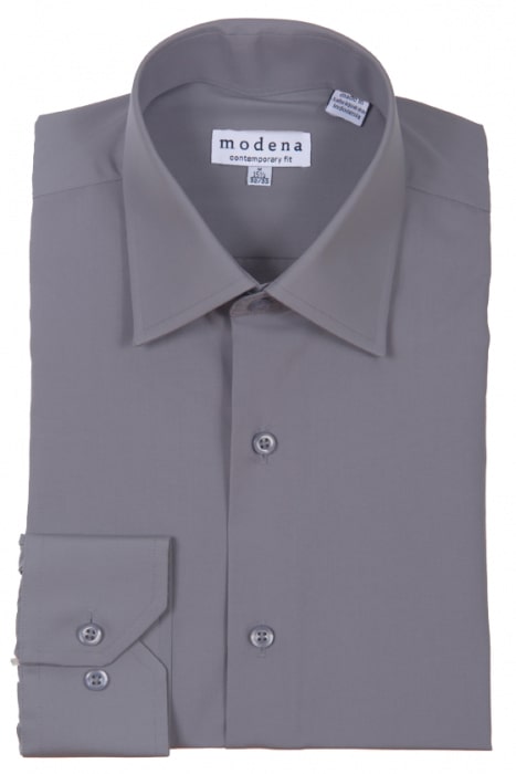 Charcoal men's dress shirt, folded, with a label reading "Modena Contemporary Fit." This affordable Modena shirt features a refined cotton blend that is wrinkle-resistant, ensuring you stay sharp all day.