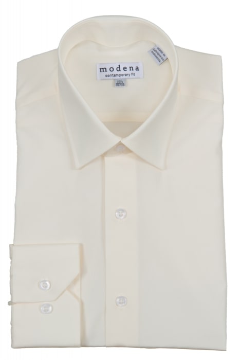 The Modena Contemporary Fit Regular Cuff M300BS0R Cream shirt is a folded, cream-colored garment with a pointed collar and buttoned cuffs, featuring the Modena brand label on the inner collar. Crafted from a cotton polyester blend, this dress shirt offers wrinkle resistance for both stylishness and practicality.