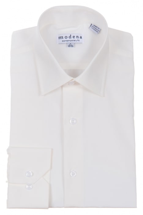 A folded Modena shirt in an egg shell cotton blend features a tag reading "Modena Contemporary Fit Regular Cuff M300BS0R," offering wrinkle-resistant ease for the modern wardrobe.