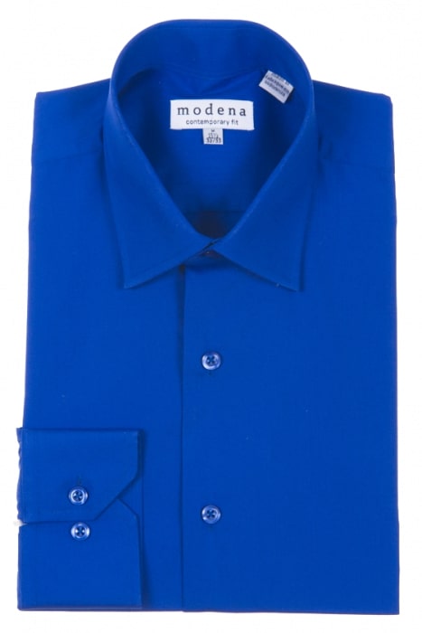 A folded Modena Contemporary Fit Regular Cuff shirt in French blue, featuring buttons and a label that reads "Modena," highlights its wrinkle-resistant fabric for a sharp, polished look all day.