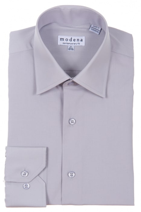 A folded Modena Contemporary Fit Regular Cuff M300BS0R shirt in sleek gray, crafted from a cotton polyester blend for a contemporary fit. The label emphasizes its wrinkle-resistant qualities, ensuring a crisp appearance all day.