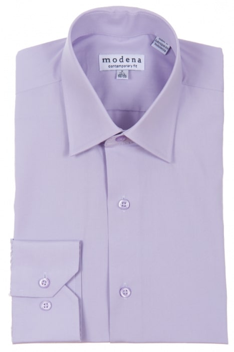 A folded Modena Contemporary Fit Regular Cuff M300BS0R Lavender shirt features buttons and a collar. Made from a wrinkle-resistant cotton blend, this stylish piece promises both comfort and elegance.