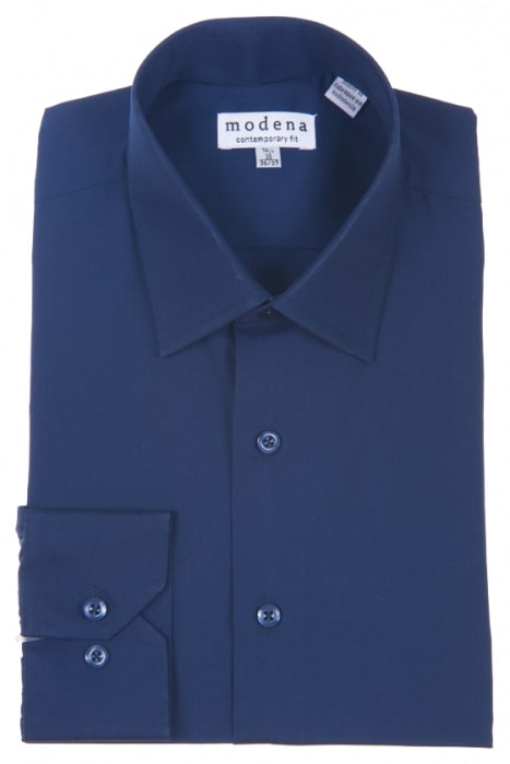 A folded navy Modena Contemporary Fit M300BS0R dress shirt, crafted from a cotton blend, features a visible label inside the collar displaying the brand name "Modena.