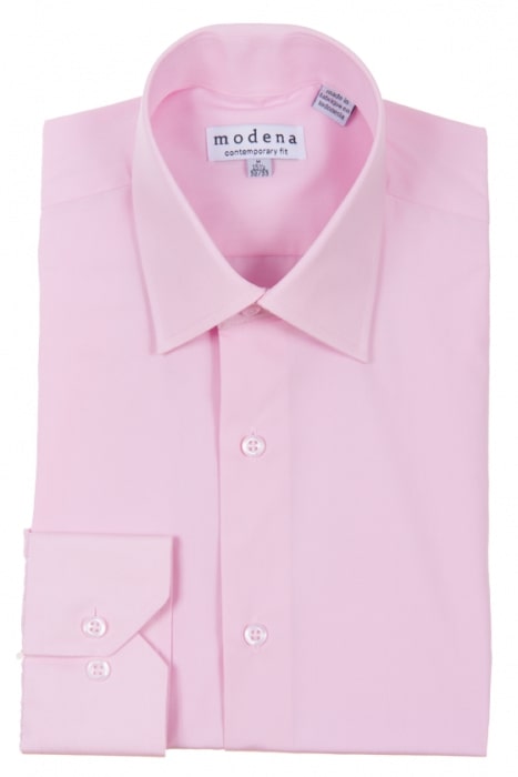 Folded pink Modena Contemporary Fit Regular Cuff M300BS0R shirt with a label indicating "Modena," crafted from a cotton blend for a wrinkle-resistant finish.