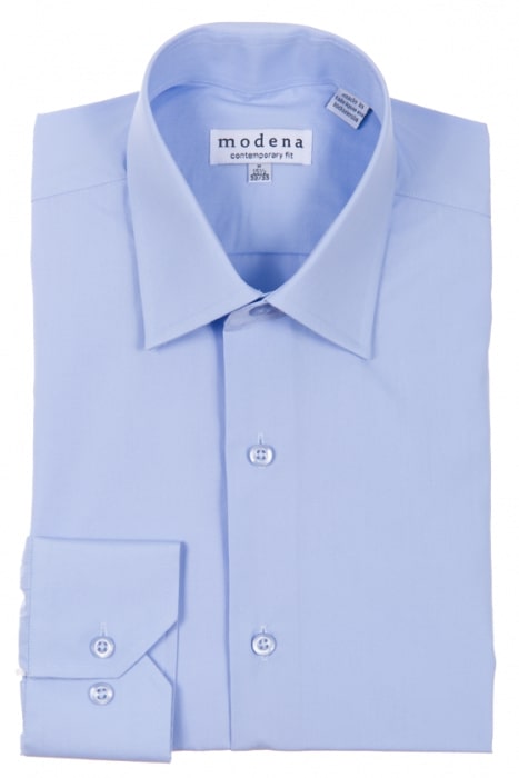 The Modena Contemporary Fit Regular Cuff M300BS0R Powder Blue dress shirt showcases a button-down collar and is neatly folded. Made from a cotton polyester blend, this light blue, long-sleeve shirt offers wrinkle-resistant convenience for a polished look throughout the day.