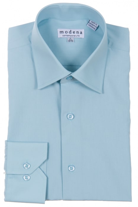 The Modena Contemporary Fit Regular Cuff M300BS0R Seafoam dress shirt, made from a wrinkle-resistant cotton polyester blend, is a light blue, long-sleeve button-up classic. It is neatly folded with its contemporary fit label prominently showcased.