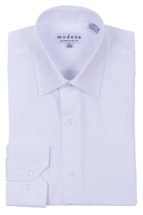 The Modena Contemporary Fit Regular Cuff M300BS0R White shirt by Modena, crafted from a comfortable cotton blend, showcases a "modena contemporary fit" label. Neatly folded with visible buttons and cuffs, this white shirt is wrinkle-resistant, ensuring you stay sharp all day.