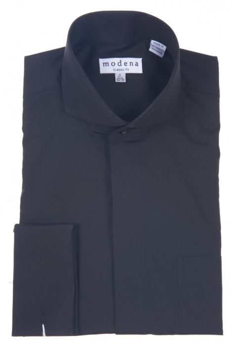 A folded Modena Classic Fit French Cuff M300CA0F shirt in black, designed for men and made from a cotton blend, has a visible label indicating size 15.5 and offers wrinkle-resistant properties to maintain a sharp appearance throughout the day.