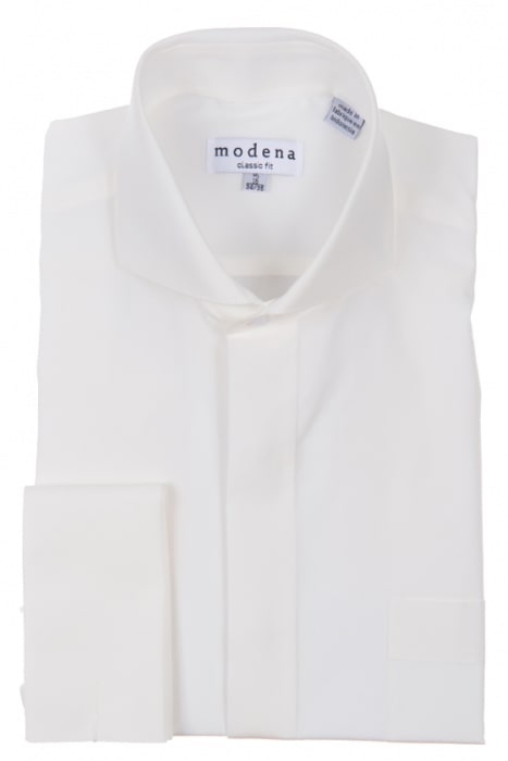 The Modena Classic Fit French Cuff M300CA0F Egg Shell dress shirt, crafted by Modena, is made from a cotton blend and includes a label inside the collar. Its wrinkle-resistant fabric keeps you looking sharp throughout the day.