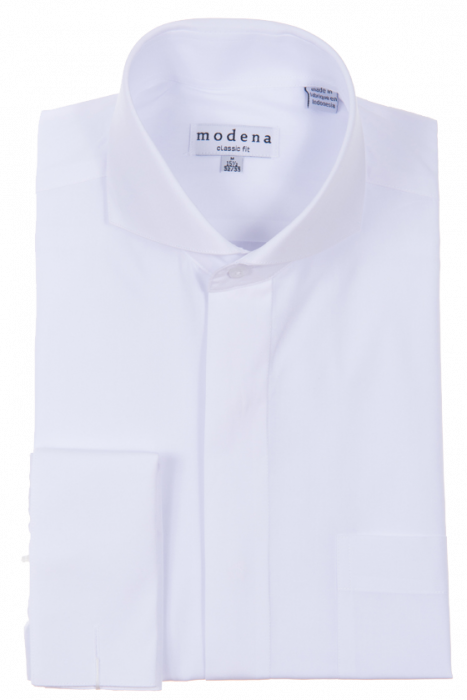 Neatly folded white dress shirt with a classic collar, made from a comfortable cotton blend. The label reads "Modena Classic Fit French Cuff M300CA0F White.