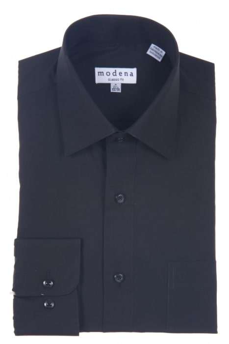 A neatly folded black Modena Classic Fit Regular Cuff M300CL0R shirt, designed by Modena and crafted from a cotton-polyester blend, highlights its wrinkle-resistant label.