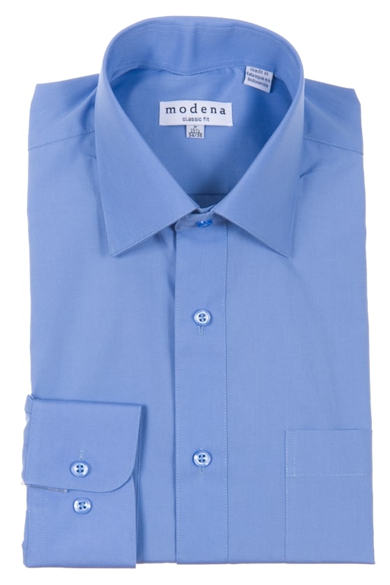 A folded Modena Classic Fit regular cuff shirt in cadet blue, labeled under the product name "Modena Classic Fit Regular Cuff M300CL0R Cadet Blue," features a cotton polyester blend that's wrinkle-resistant and includes buttons and a collar.