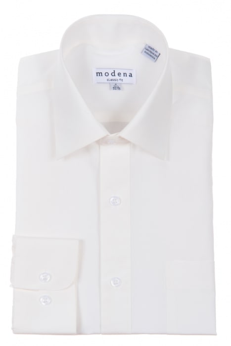 A folded egg shell Modena Classic Fit dress shirt featuring a visible collar and buttons, made from a wrinkle-resistant cotton blend. The inside collar tag reads "Modena Classic Fit Regular Cuff M300CL0R.