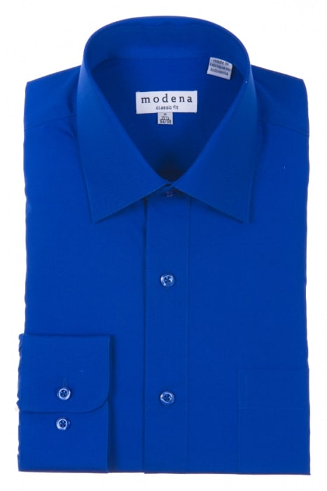 A bright blue dress shirt, folded and made from a wrinkle-resistant cotton blend, features a label with the brand name "Modena Classic Fit Regular Cuff M300CL0R French Blue.