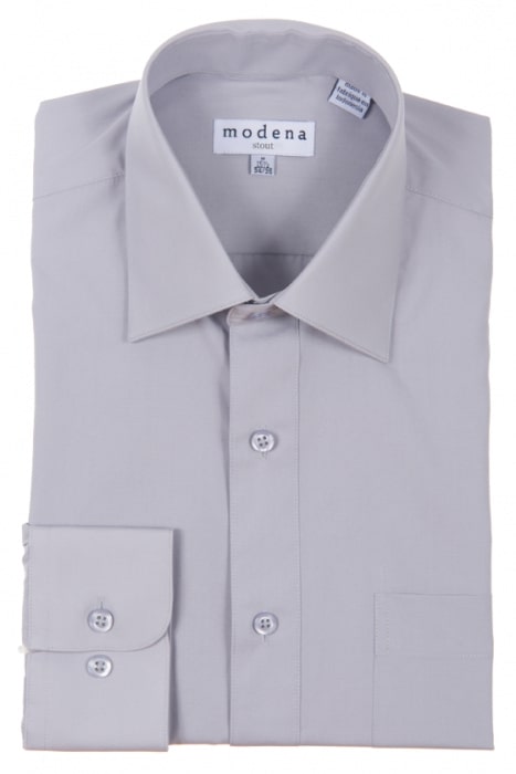 A folded Modena Classic Fit Regular Cuff M300CL0R shirt in light gray, made from a cotton blend, displays a label marked "Modena." This wrinkle-resistant piece effortlessly merges style and practicality for the modern wardrobe.