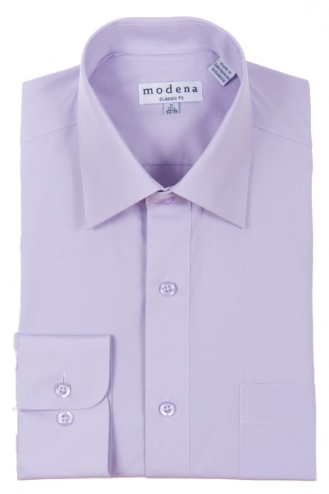 A folded lavender Modena dress shirt with the "Modena Classic Fit Regular Cuff M300CL0R" label highlights its wrinkle-resistant fabric, with three buttons visible on the cuffs.