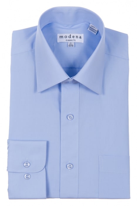 A neatly folded powder blue Modena Classic Fit Regular Cuff M300CL0R dress shirt, featuring a classic collar and buttoned cuffs, crafted from a wrinkle-resistant cotton blend, displays a label with the brand name "Modena.