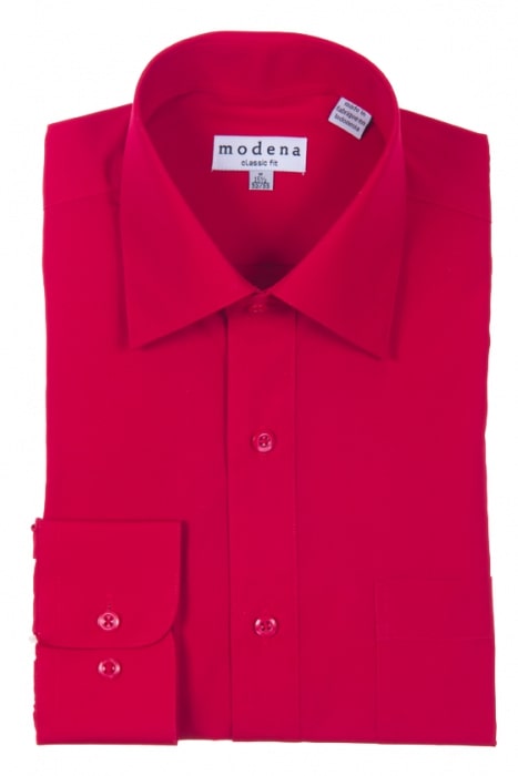 A neatly folded Modena Classic Fit Regular Cuff M300CL0R shirt in a bright red color, featuring a button-up design with a collar and folded cuffs. Made from a wrinkle-resistant cotton blend, it prominently displays the "Modena" brand label.