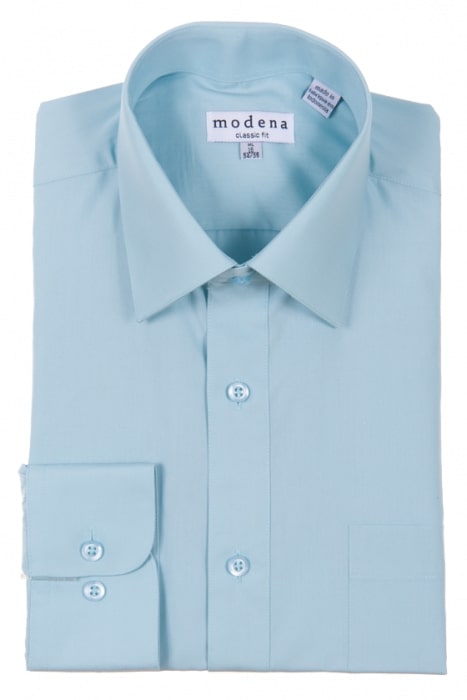 Seafoam folded Modena Classic Fit dress shirt with a collar and buttons visible. Crafted from a cotton blend, the label inside reads "Modena Classic Fit 15.5". This wrinkle-resistant shirt ensures you look sharp throughout the day.