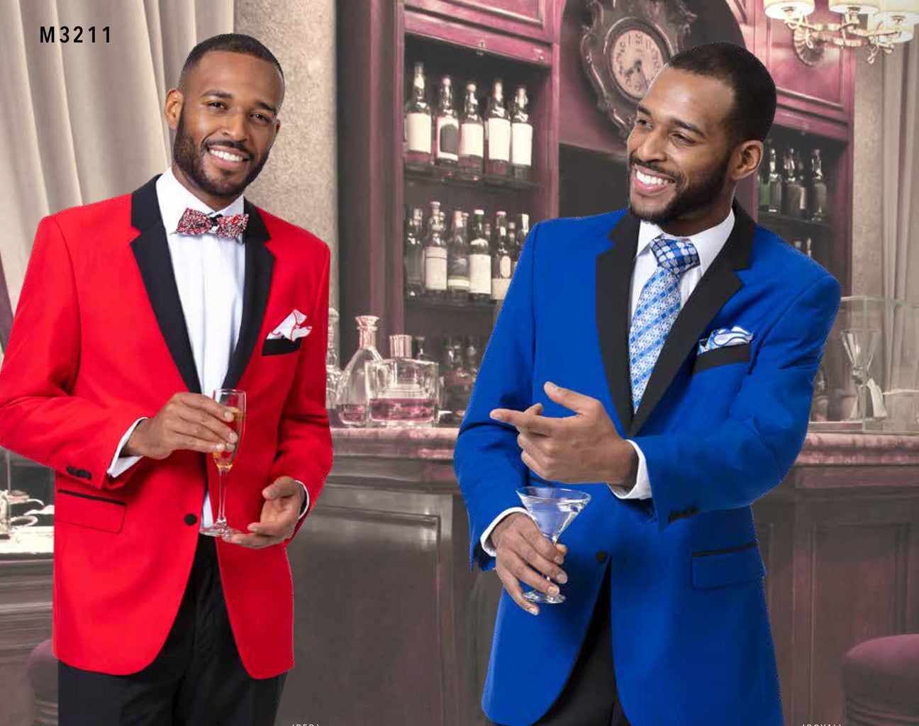 A man in an EJ Samuel Royal Tuxedo (M3211) from EJ SAMUEL, featuring a vivid blue color with black trim, holds a martini glass and gestures with a smile.