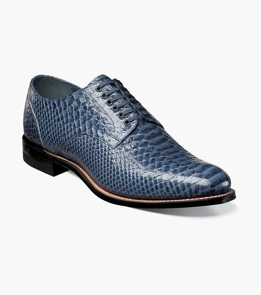 Stacy Adams - MADISON Anaconda Plain Toe Oxford in blue, featuring black laces, a dark sole, and Goodyear welt construction.