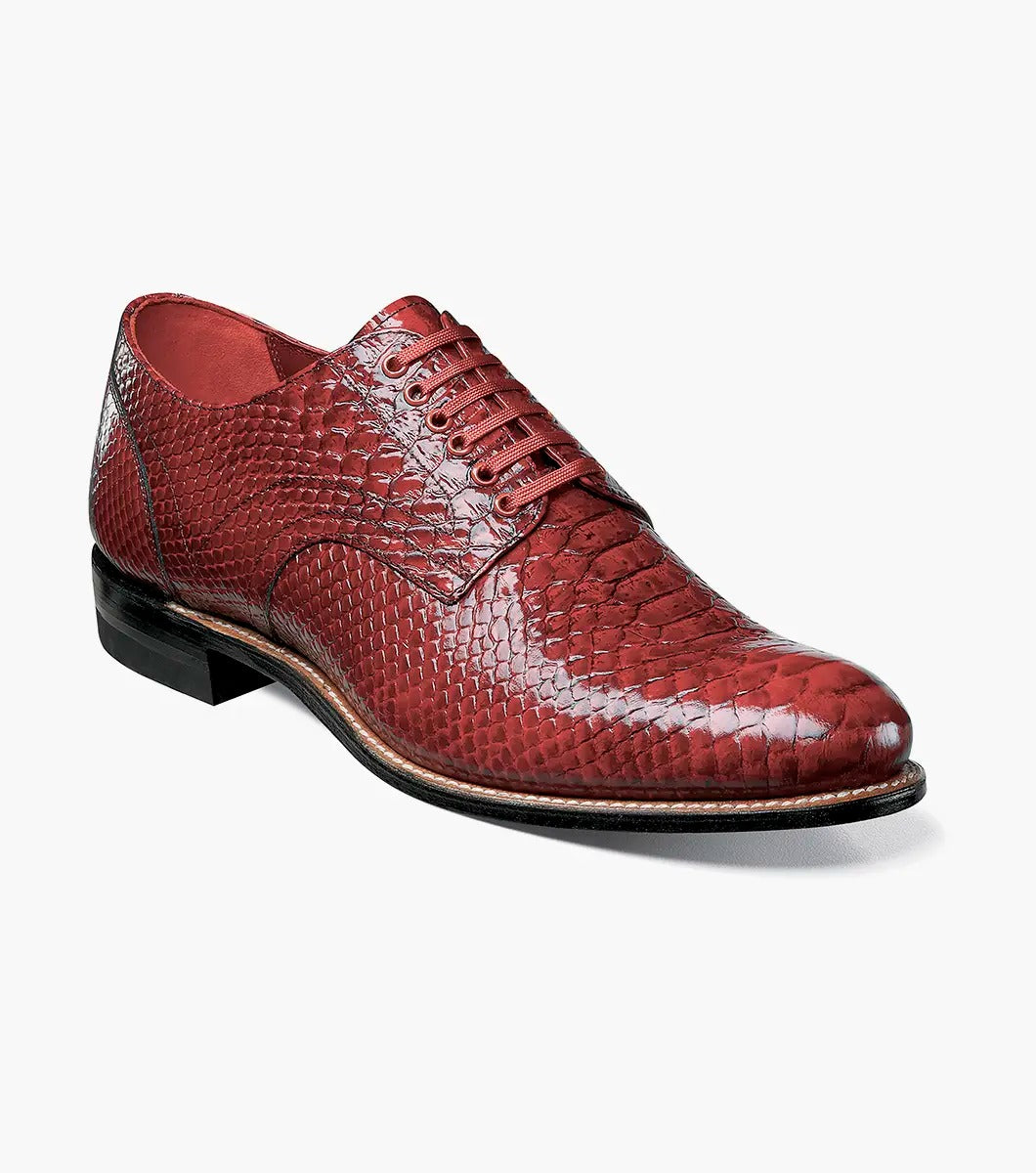 Stacy Adams MADISON Anaconda Plain Toe Oxford in red leather with a black sole, featuring kidskin leather linings, angled view.