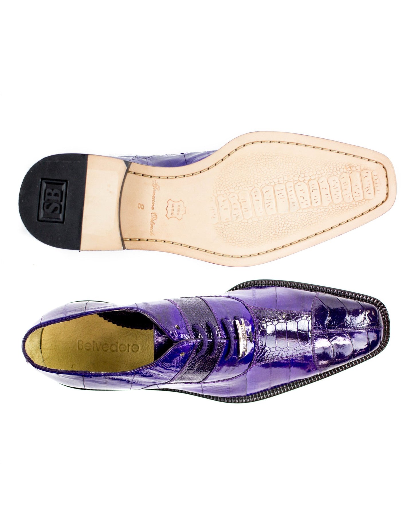 The Belvedere - Mare dress shoe in purple, crafted from luxurious genuine ostrich and eel skin, showcases a textured pattern with a sleek black sole, viewed from the side.