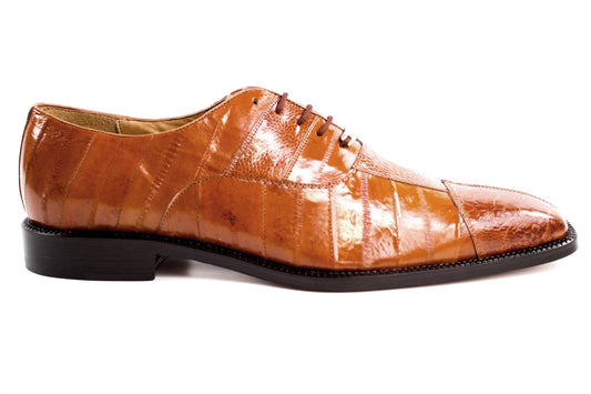 The Belvedere - Mare dress shoe is crafted from premium genuine ostrich and eel leather in a camel color. This elegant shoe showcases a pointed toe, dark sole, lace-up design, and a glossy finish.