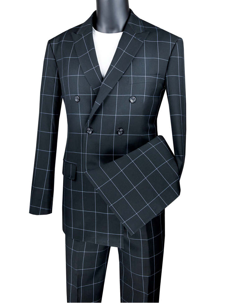 The Vinci Modern Fit Double Breasted Windowpane Peak Lapel 2 Piece Suit (Black) MDW-1 from Vinci Suits is elegantly displayed on a sleek black mannequin, featuring a stylish white windowpane design in a poly rayon blend. Complemented by a crisp white shirt and set against a plain white background, this ensemble highlights contemporary elegance.