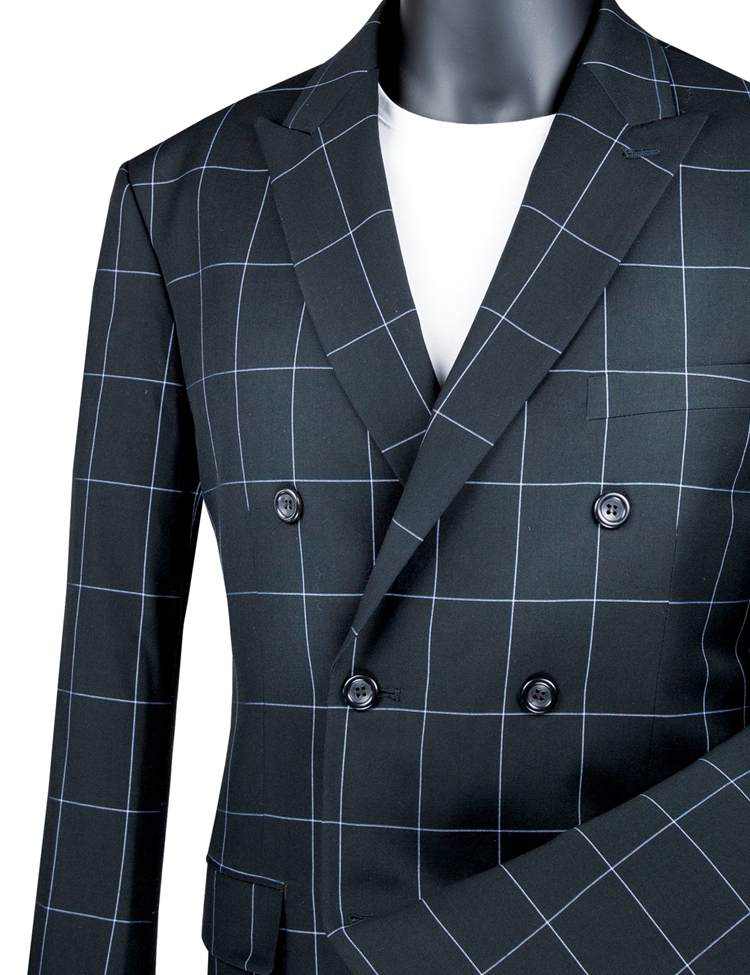 The Vinci Modern Fit Double Breasted Windowpane Peak Lapel 2 Piece Suit (Black) MDW-1 from Vinci Suits is elegantly displayed on a sleek black mannequin, featuring a stylish white windowpane design in a poly rayon blend. Complemented by a crisp white shirt and set against a plain white background, this ensemble highlights contemporary elegance.