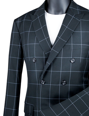Vinci Modern Fit Double Breasted Windowpane Peak Lapel 2 Piece Suit (Black) MDW-1
