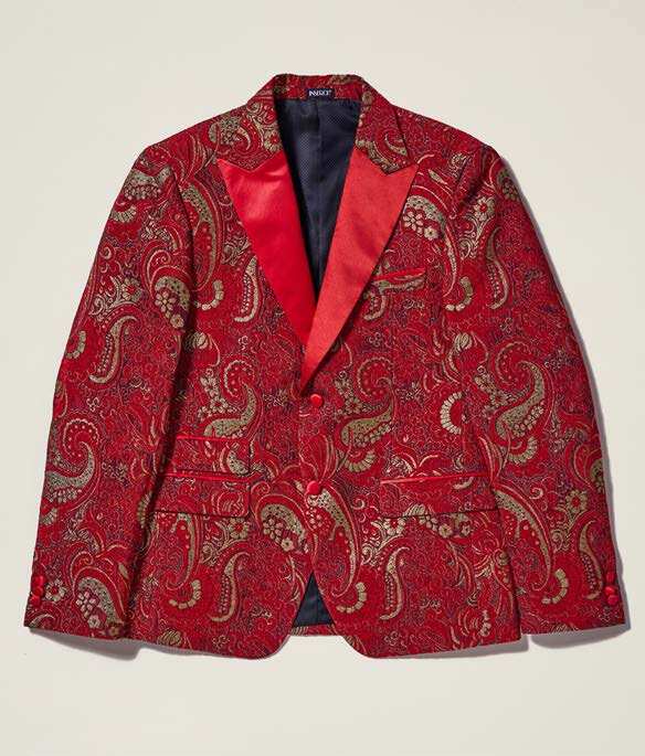 Red Bellagio Paisley With Black Peak Lapel Dinner Jacket Tuxedo Rental |  Rainwater's