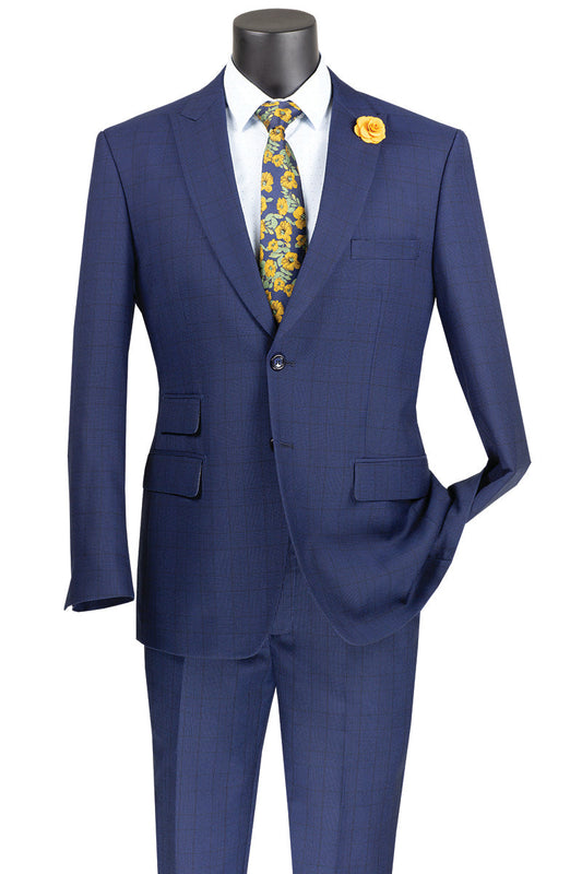 The mannequin displays the Vinci Modern Fit 2 Piece Windowpane Suit in blue from Vinci Suits, enhanced with a floral tie and a yellow flower lapel accessory for a contemporary appeal.