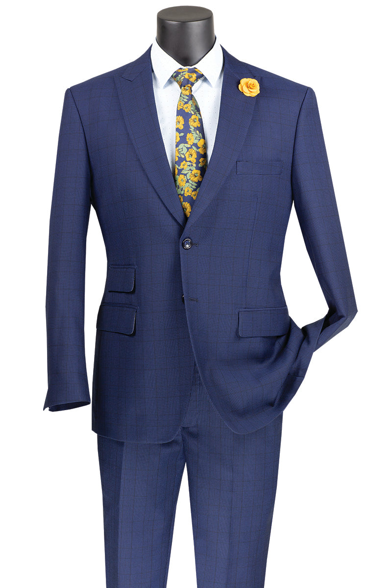 Vinci Modern Fit 2 Piece Windowpane Suit (Blue) MRW-1