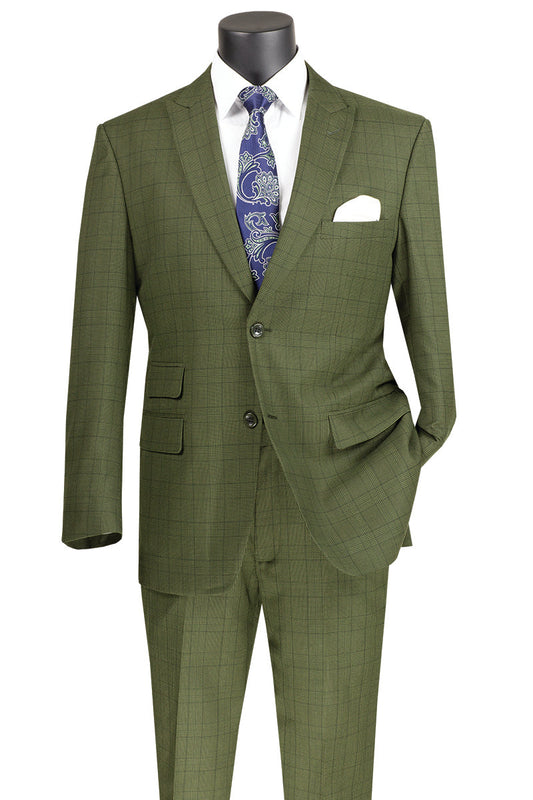 Displayed on a mannequin is the Vinci Modern Fit 2 Piece Windowpane Suit in olive, complemented with a crisp white shirt and a blue patterned tie, alongside a wrinkle-resistant white pocket square.