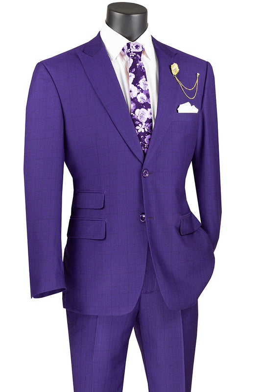 A mannequin showcases the Vinci Modern Fit 2 Piece Windowpane Suit in purple from Vinci Suits, complete with a matching floral tie, white dress shirt, and pocket square. A decorative chain and pin adorn the lapel, adding a touch of elegance.