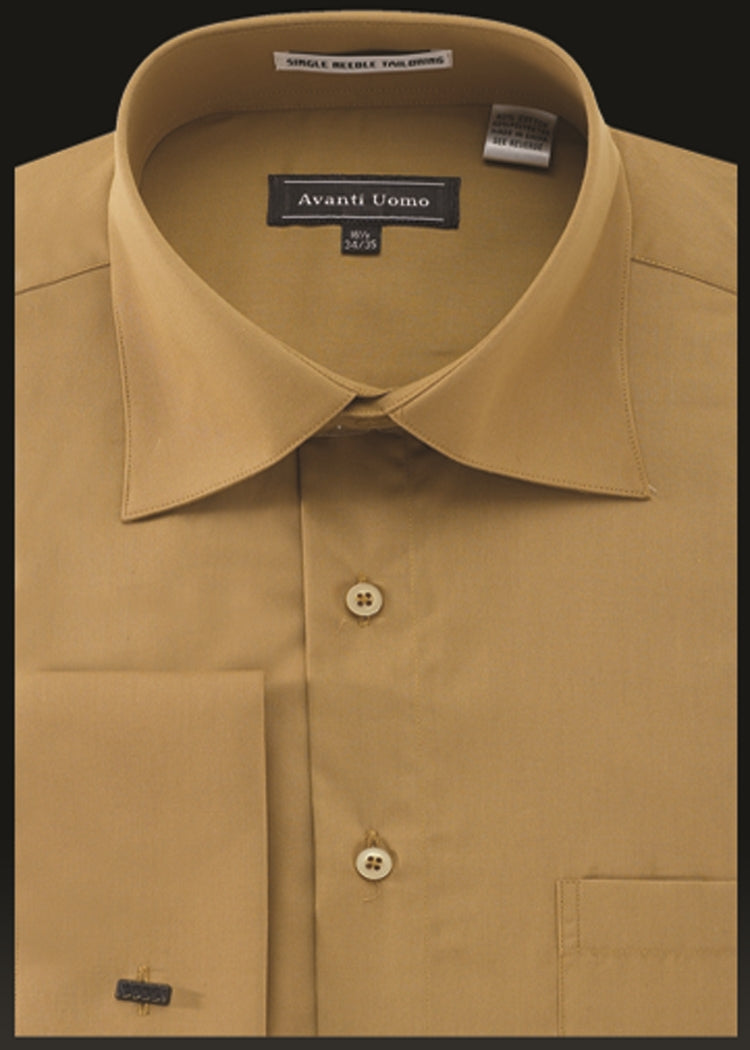 A neatly folded mustard gold dress shirt with a label that reads "AVANTI UOMO.