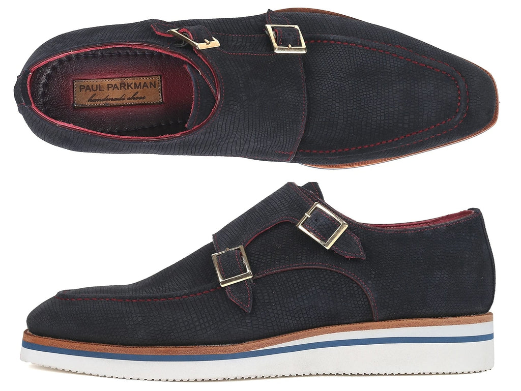 Paul Parkman Smart Casual Monkstrap Shoes Navy Suede - 189-NVY-SD