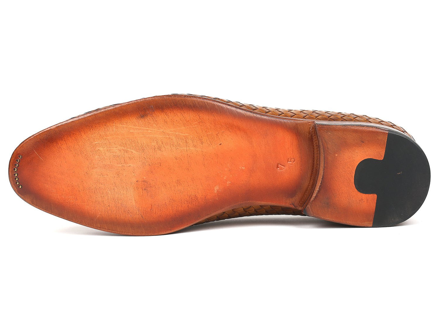 The Paul Parkman Woven Leather Tassel Loafers Camel - WVN44-CML, crafted by Paul Parkman, are men's shoes made from woven leather featuring elegant tassels and low wooden heels. Viewed from the top and side, these loafers embody a blend of style and comfort.