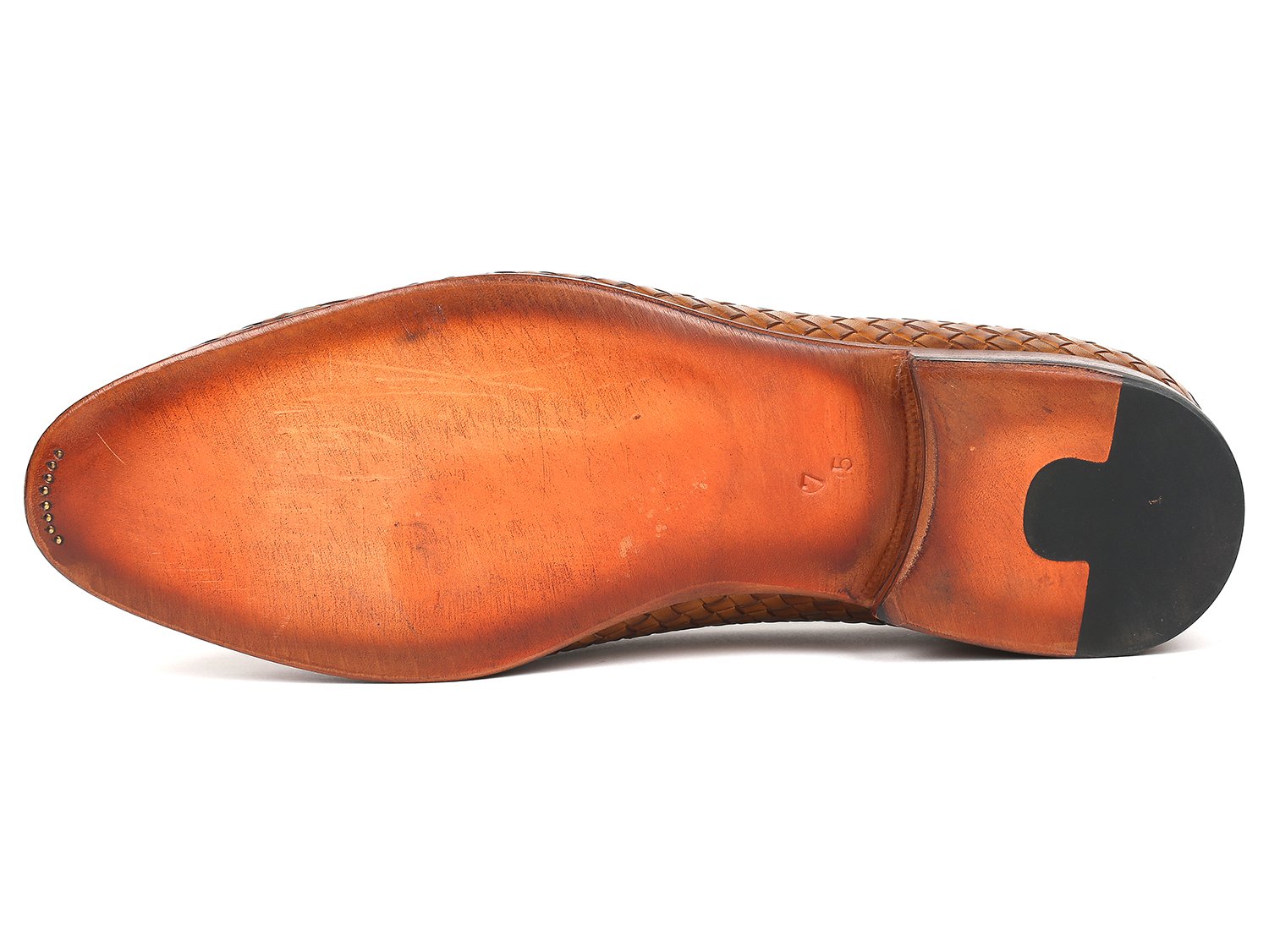 The Paul Parkman Woven Leather Tassel Loafers Camel - WVN44-CML, crafted by Paul Parkman, are men's shoes made from woven leather featuring elegant tassels and low wooden heels. Viewed from the top and side, these loafers embody a blend of style and comfort.