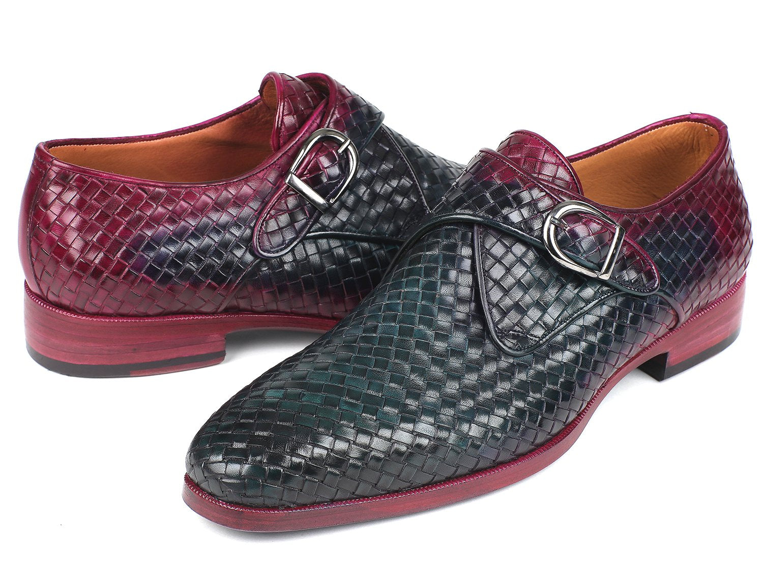 Introducing the Paul Parkman Purple & Green Woven Leather Single Monkstraps, a pair of handmade shoes from Paul Parkman featuring a bold combination of green and burgundy leather with red soles.