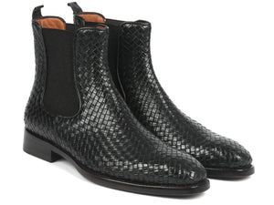 Paul Parkman Black Woven Leather Chelsea Boots - 92WN87-BLK